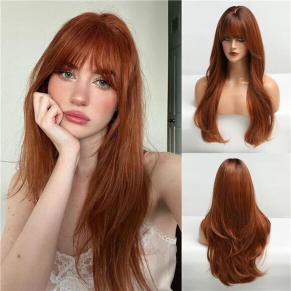 Long Auburn Wig with Bangs Layered Curly Wigs for Women main image 4